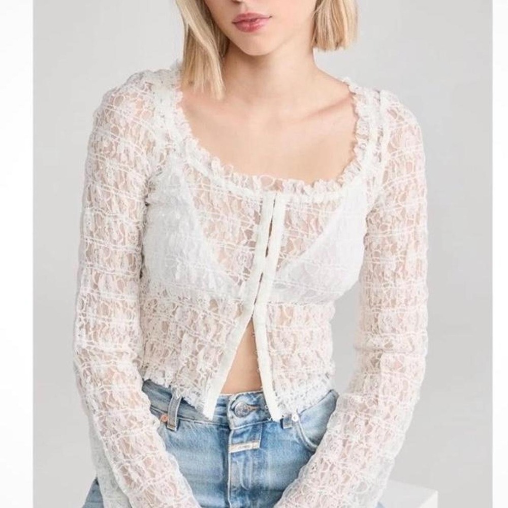 Free People OoMadison Top Smocked Lace Sheer Hook-Front Bell Sleeve Med NWT $98